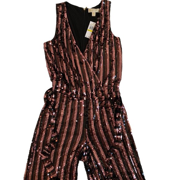 Michael Kors Sequin surplice Jumpsuit M Stretch Crop Wide Leg Sleeveless 7796 - Picture 7 of 16